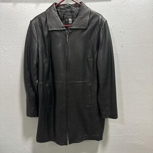 Jaclyn Smith Black Genuine Leather Mid Length Zip Up Trench Coat Jacket XL